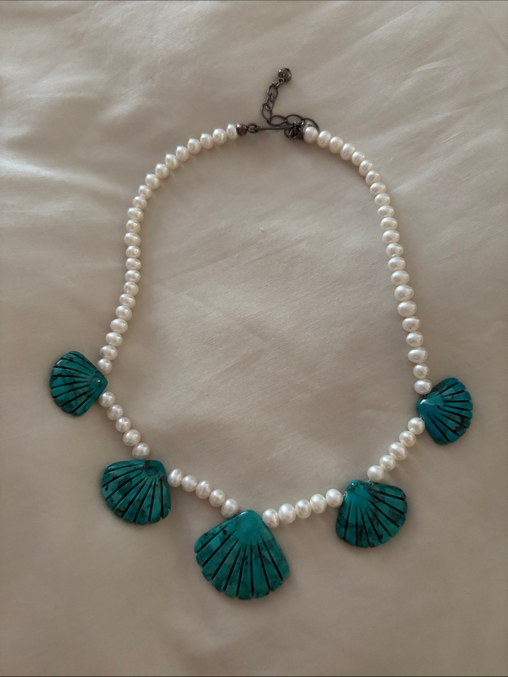 Vintage Tibetan Pearl Necklace with Turquoise Shell Pendants